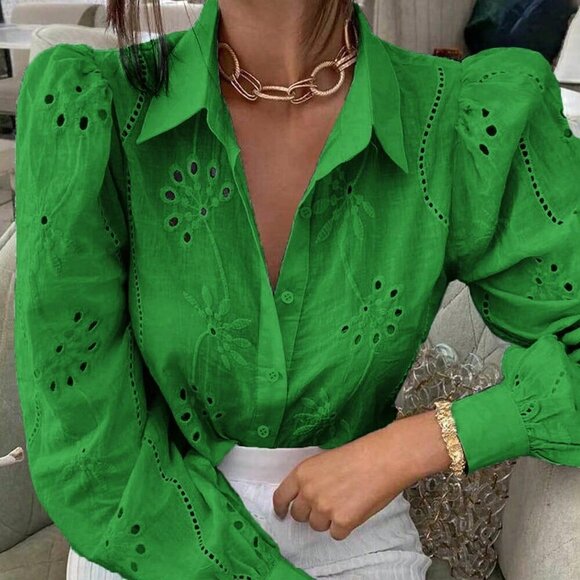 Green Casual Women's Hollow-Out Embroidery Turn-Down Collar Long Sleeve Top - Picture 3 of 5